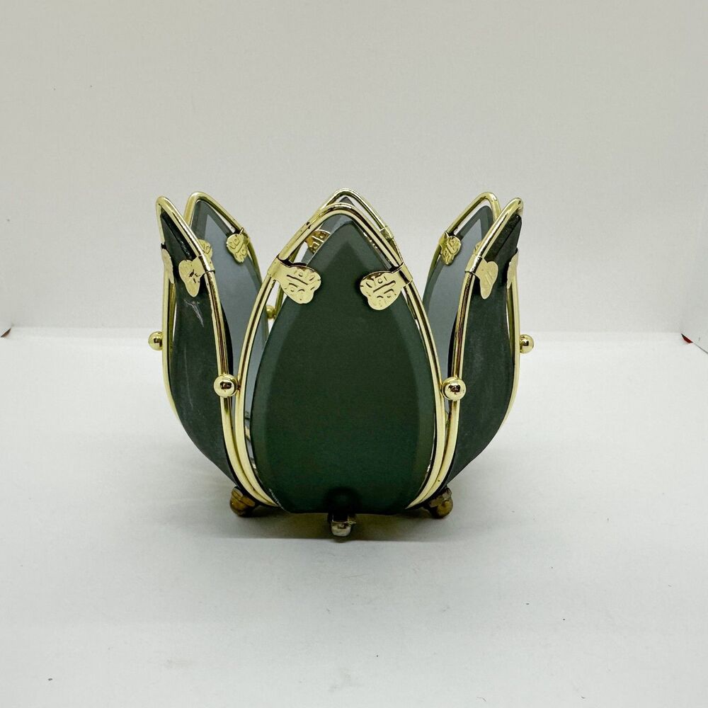 Vintage Lotus Lamp Candle Holder Brass Black Glass Whimsygoth